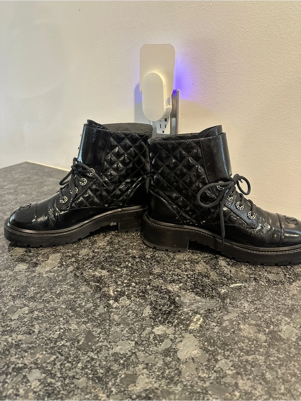 CHANEL Black Patent Leather Quilted Lace-Up Combat Boots with Gold Hardware